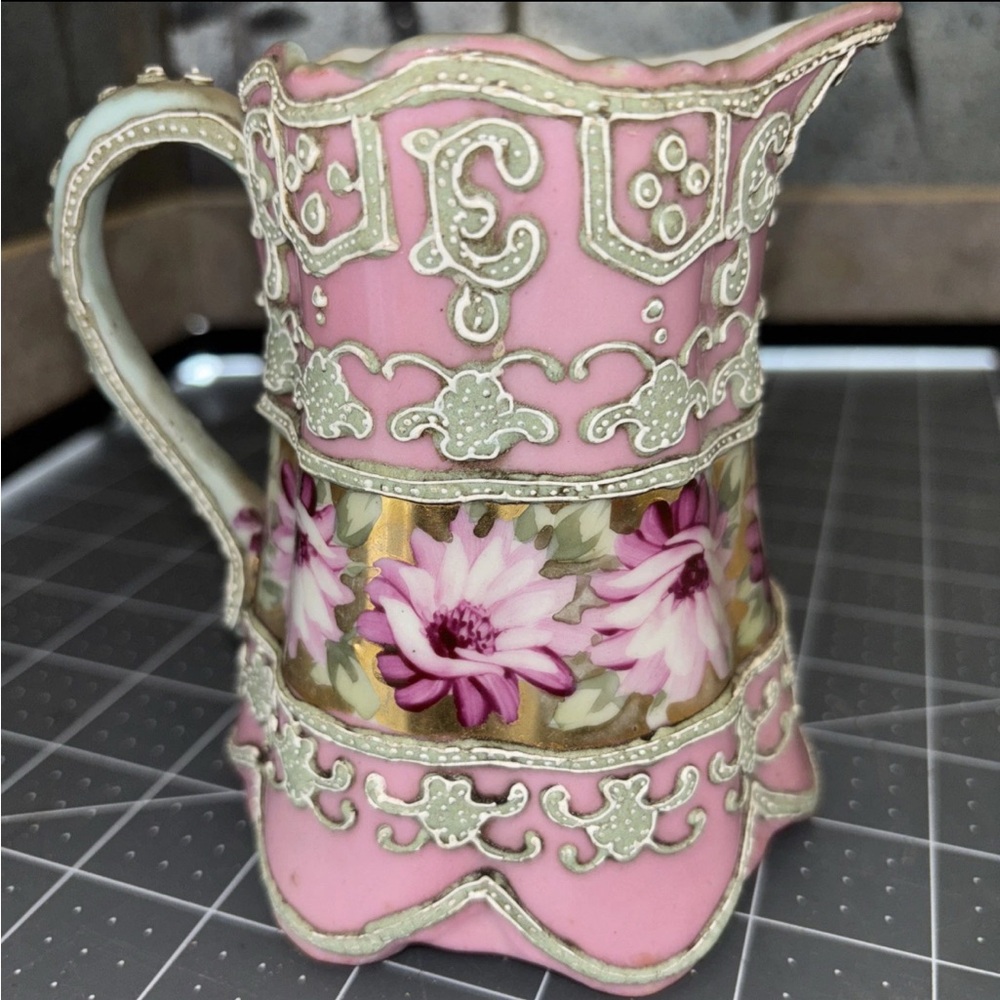 Pink Floral Ceramic Pitcher vintage from Nippon Japan